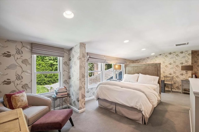 7 Westview Ln, Scarsdale, NY 10583 - carpeted bedroom with wallpapered walls, multiple windows, lofted ceiling, and recessed lighting