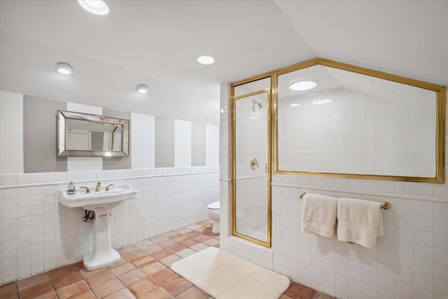 7 Westview Ln, Scarsdale, NY 10583 - full bath featuring tile walls, a shower stall, vaulted ceiling, recessed lighting, and a wainscoted wall