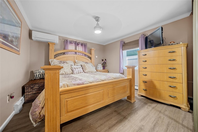 24 Border Ln, Levittown, NY 11756 - bedroom featuring a wall mounted air conditioner, wood finished floors, and ornamental molding