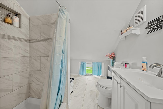24 Border Ln, Levittown, NY 11756 - full bathroom with vanity, lofted ceiling, and a tile shower