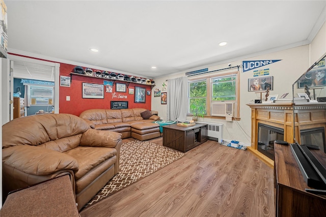 24 Border Ln, Levittown, NY 11756 - living area featuring radiator heating unit, light wood finished floors, ornamental molding, recessed lighting, and a glass covered fireplace