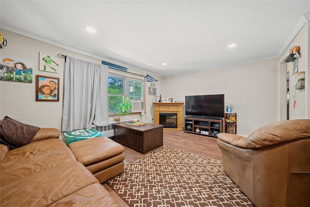 24 Border Ln, Levittown, NY 11756 - living area with crown molding, wood finished floors, a glass covered fireplace, and recessed lighting
