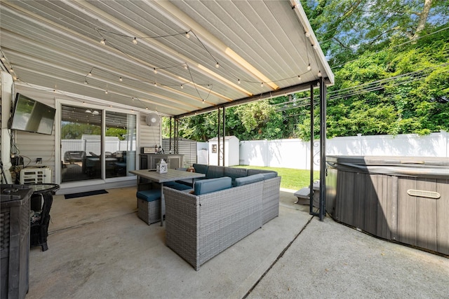 24 Border Ln, Levittown, NY 11756 - fenced backyard featuring a hot tub, a patio, a shed, and outdoor dining space
