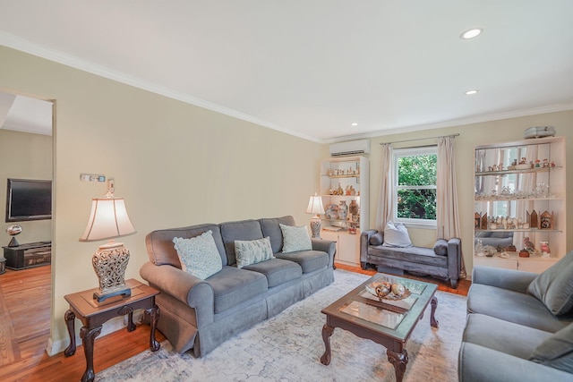 2772 Cypress Ave, East Meadow, NY 11554 - living room with a wall mounted air conditioner, wood finished floors, ornamental molding, and recessed lighting