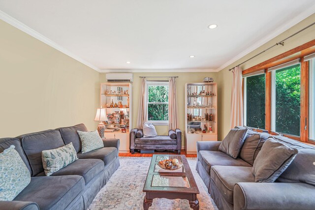 2772 Cypress Ave, East Meadow, NY 11554 - living area with a wall mounted AC, ornamental molding, wood finished floors, and recessed lighting