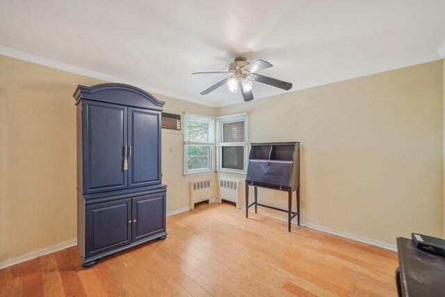 2772 Cypress Ave, East Meadow, NY 11554 - bedroom with radiator, a wall mounted AC, light wood-type flooring, and crown molding