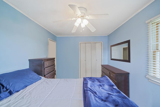 2772 Cypress Ave, East Meadow, NY 11554 - bedroom featuring ornamental molding, a ceiling fan, and a closet