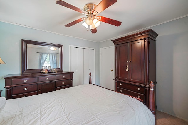 2772 Cypress Ave, East Meadow, NY 11554 - bedroom with carpet floors, ornamental molding, a closet, and ceiling fan