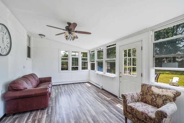 2772 Cypress Ave, East Meadow, NY 11554 - sunroom / solarium featuring vaulted ceiling, a ceiling fan, wood finished floors, a wooden deck, and outdoor lounge area