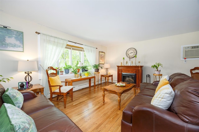 9 Malstorme Rd, Wappingers Falls, NY 12590 - living room with light wood finished floors, an AC wall unit, and a glass covered fireplace