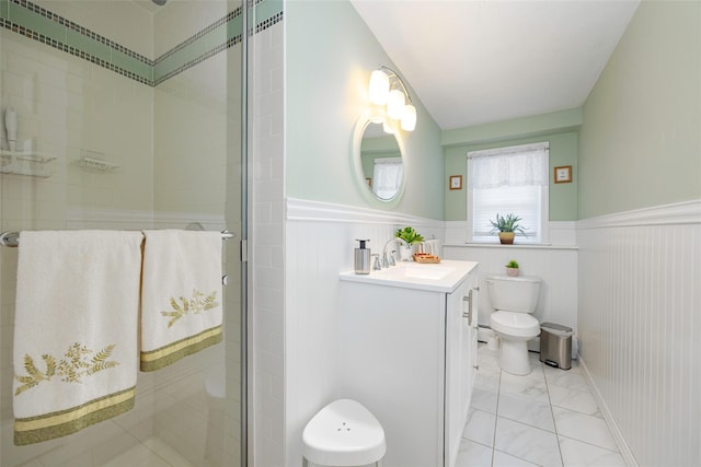 9 Malstorme Rd, Wappingers Falls, NY 12590 - full bath with marble finish floors, vanity, wainscoting, and a stall shower