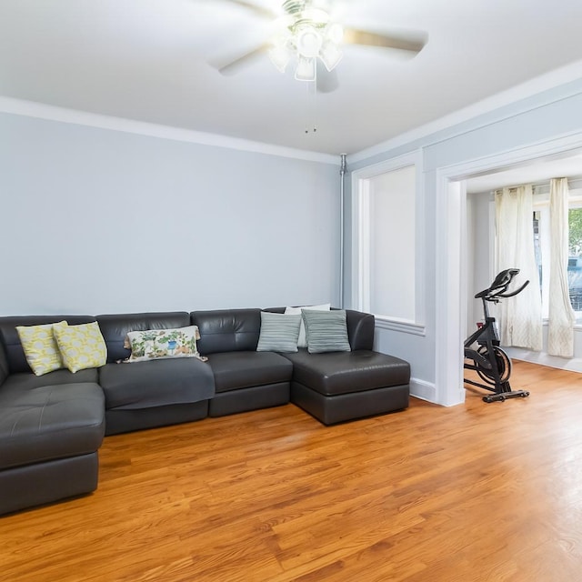 25-57 Mcintosh St, East Elmhurst, NY 11369 - living room with a ceiling fan, light wood-type flooring, and ornamental molding