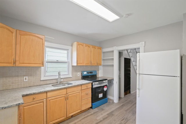 17 Schneider Ave, Highland Falls, NY 10928 - kitchen with freestanding refrigerator, stainless steel range with electric stovetop, light wood finished floors, backsplash, and light countertops