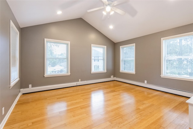 46 Laffin Ln, Poughkeepsie, NY 12603 - spare room featuring light wood finished floors, a baseboard radiator, a ceiling fan, lofted ceiling, and recessed lighting