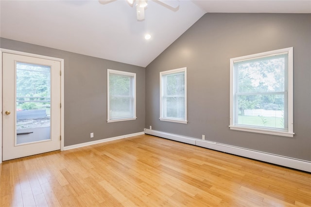 46 Laffin Ln, Poughkeepsie, NY 12603 - unfurnished room with a baseboard radiator, ceiling fan, vaulted ceiling, and light wood finished floors