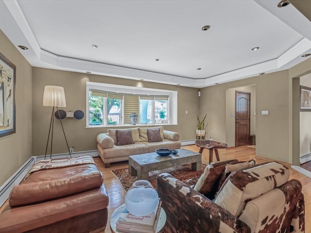 165-05 67th Ave, Fresh Meadows, NY 11365 - living room featuring a raised ceiling, light wood-style floors, and baseboard heating