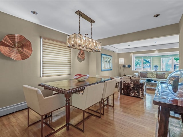 165-05 67th Ave, Fresh Meadows, NY 11365 - dining room with light wood-style floors, baseboard heating, a chandelier, and recessed lighting
