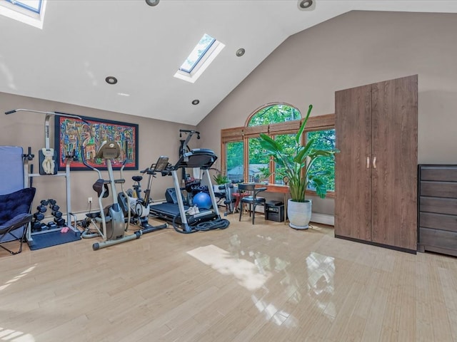 165-05 67th Ave, Fresh Meadows, NY 11365 - workout room featuring a skylight, high vaulted ceiling, and wood finished floors