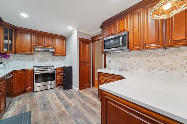 30 Birchwood Ter, Nanuet, NY 10954 - kitchen with appliances with stainless steel finishes, range hood, light wood-type flooring, decorative backsplash, and glass insert cabinets