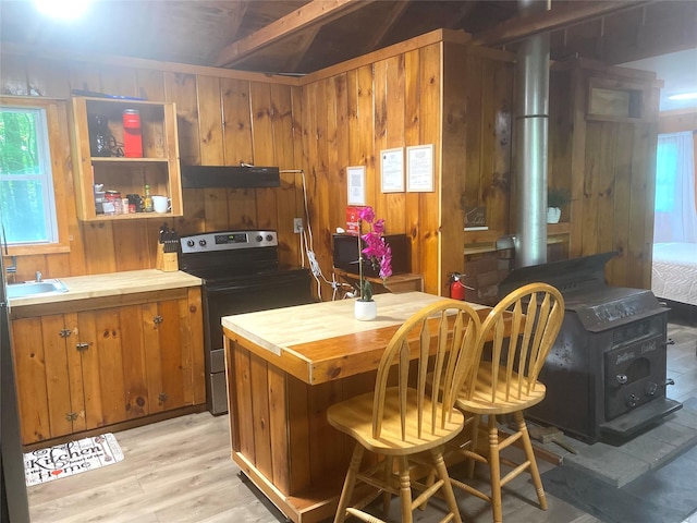55 Woodcrest Dr, Middletown, NY 10940 - kitchen with stainless steel range with electric stovetop, butcher block counters, a wood stove, plenty of natural light, and wood walls
