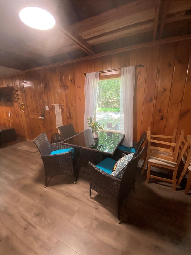 55 Woodcrest Dr, Middletown, NY 10940 - living area featuring wood walls, wood finished floors, and beam ceiling
