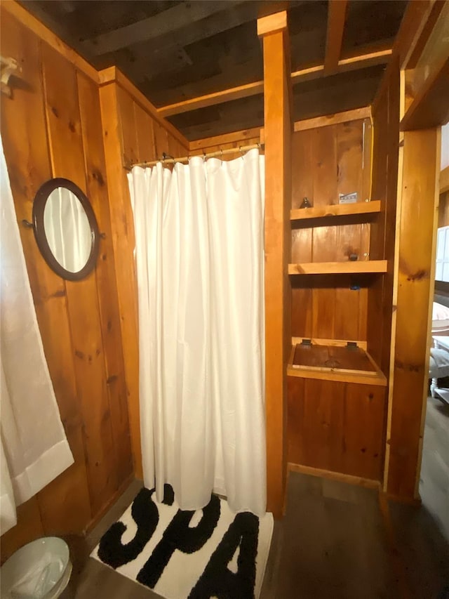 55 Woodcrest Dr, Middletown, NY 10940 - bathroom featuring curtained shower and wood walls