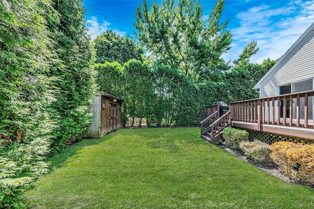 1025 Harrison Dr, Centerport, NY 11721 - view of grassy yard featuring a deck and a storage shed