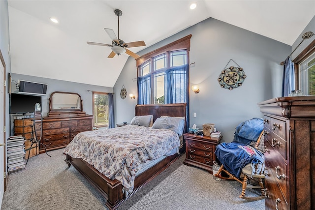 1025 Harrison Dr, Centerport, NY 11721 - carpeted bedroom featuring vaulted ceiling, multiple windows, ceiling fan, and recessed lighting