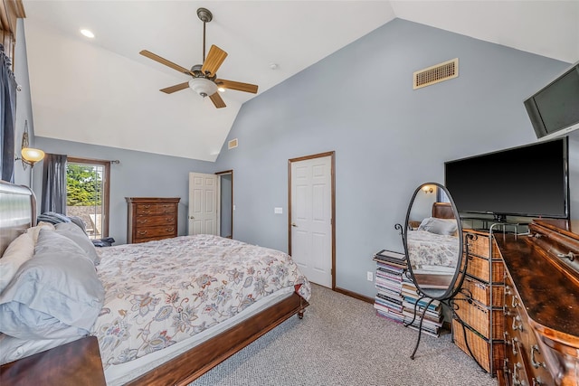 1025 Harrison Dr, Centerport, NY 11721 - bedroom featuring carpet flooring, high vaulted ceiling, and ceiling fan