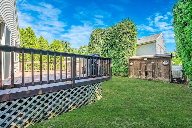 1025 Harrison Dr, Centerport, NY 11721 - view of green lawn featuring a shed and a deck