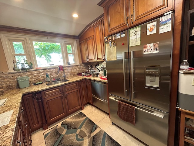 56 Helena Ave, Yonkers, NY 10710 - kitchen with stainless steel appliances, backsplash, light tile patterned floors, light stone counters, and vaulted ceiling