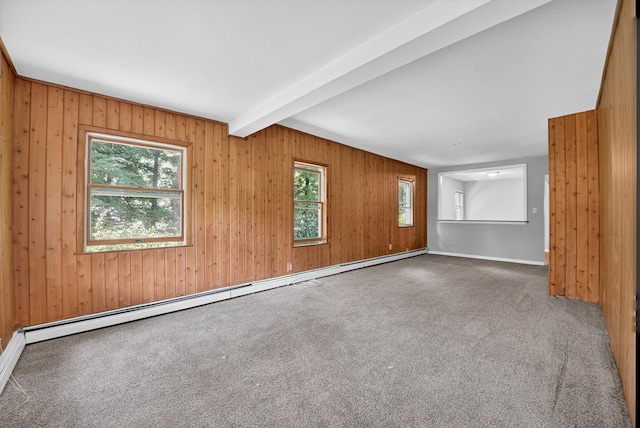 11 Tribune Ln, Red Hook, NY 12571 - carpeted empty room with plenty of natural light, a baseboard radiator, beam ceiling, and wood walls