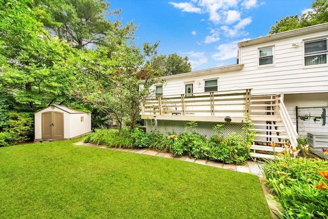 50 Chester Dr, Yonkers, NY 10710 - view of green lawn with a shed, a deck, and stairway