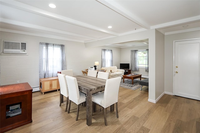 16 Primrose Ln, Levittown, NY 11756 - dining space with an AC wall unit, beamed ceiling, light wood-style floors, a baseboard radiator, and recessed lighting