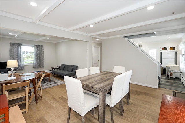 16 Primrose Ln, Levittown, NY 11756 - dining room with light wood-style flooring, beam ceiling, and recessed lighting