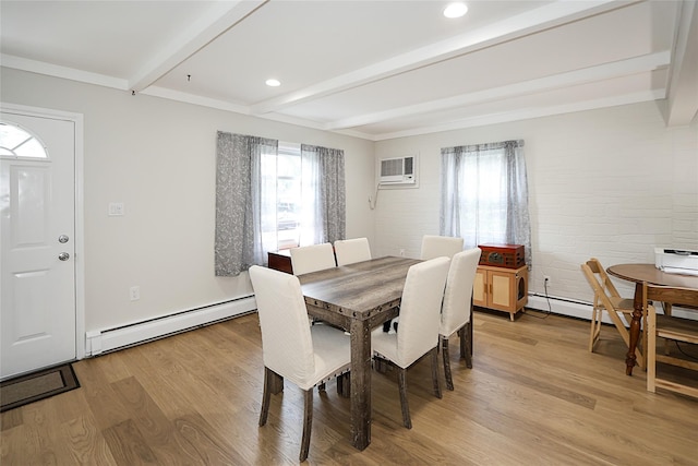16 Primrose Ln, Levittown, NY 11756 - dining space featuring a baseboard heating unit, beamed ceiling, plenty of natural light, light wood-type flooring, and recessed lighting