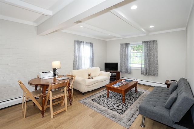 16 Primrose Ln, Levittown, NY 11756 - living room featuring baseboard heating, beam ceiling, light wood finished floors, and recessed lighting