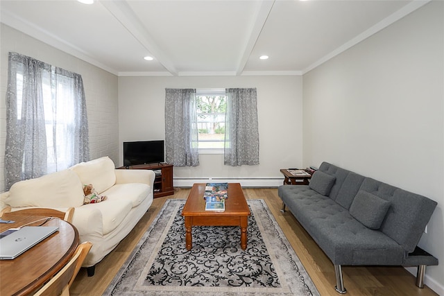 16 Primrose Ln, Levittown, NY 11756 - living room featuring a baseboard radiator, wood finished floors, beamed ceiling, and recessed lighting