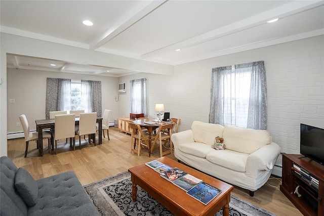 16 Primrose Ln, Levittown, NY 11756 - living area featuring beam ceiling, light wood-style floors, a wall unit AC, a baseboard radiator, and recessed lighting