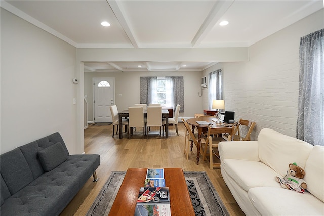 16 Primrose Ln, Levittown, NY 11756 - living room featuring beamed ceiling, light wood-style floors, and recessed lighting