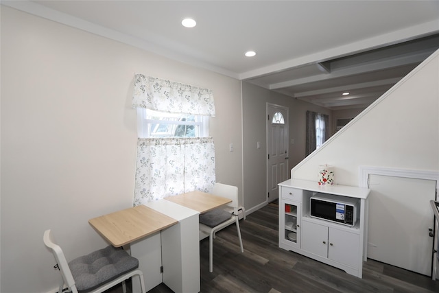 16 Primrose Ln, Levittown, NY 11756 - dining room featuring dark wood-style flooring, recessed lighting, and beamed ceiling