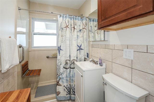 16 Primrose Ln, Levittown, NY 11756 - full bathroom with tile walls, vanity, and a shower with shower curtain