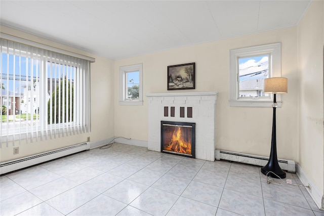 178 Charles St, Lynbrook, NY 11563 - unfurnished living room with a baseboard heating unit, a brick fireplace, and light tile patterned floors