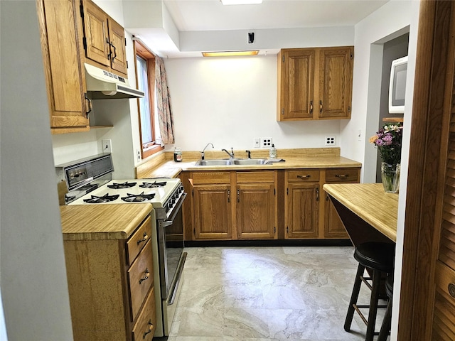 2 Redmond Way, Stanfordville, NY 12581 - kitchen with white gas stove, under cabinet range hood, light countertops, and brown cabinetry