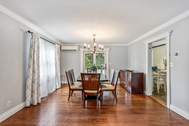 21 Orchard St, Glen Head, NY 11545 - dining space featuring a chandelier, crown molding, a wall mounted AC, and wood finished floors