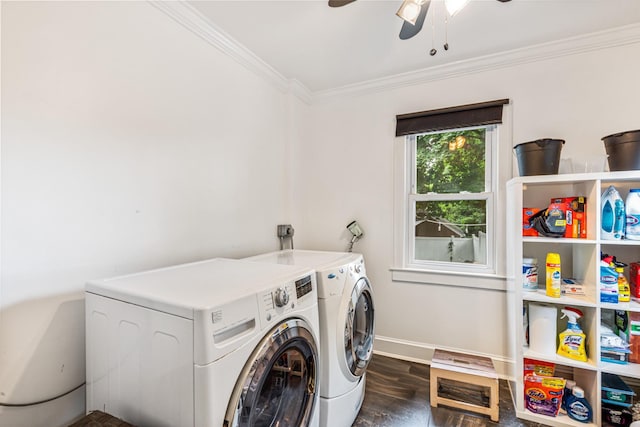 21 Orchard St, Glen Head, NY 11545 - washroom with washing machine and clothes dryer, crown molding, ceiling fan, and dark wood-style floors