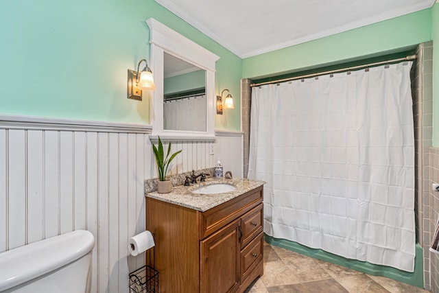 21 Orchard St, Glen Head, NY 11545 - full bath with vanity, ornamental molding, wainscoting, and shower / bathtub combination with curtain