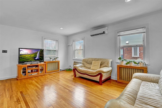56-28 213th St, Bayside, NY 11364 - living room with a wall mounted AC, wood finished floors, and recessed lighting