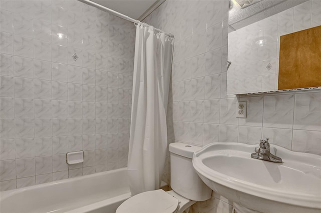 56-28 213th St, Bayside, NY 11364 - full bathroom with tile walls and shower / tub combo with curtain
