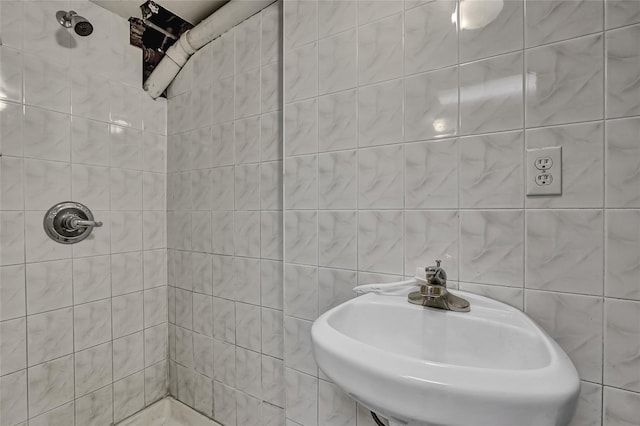 56-28 213th St, Bayside, NY 11364 - bathroom featuring a tile shower and tile walls